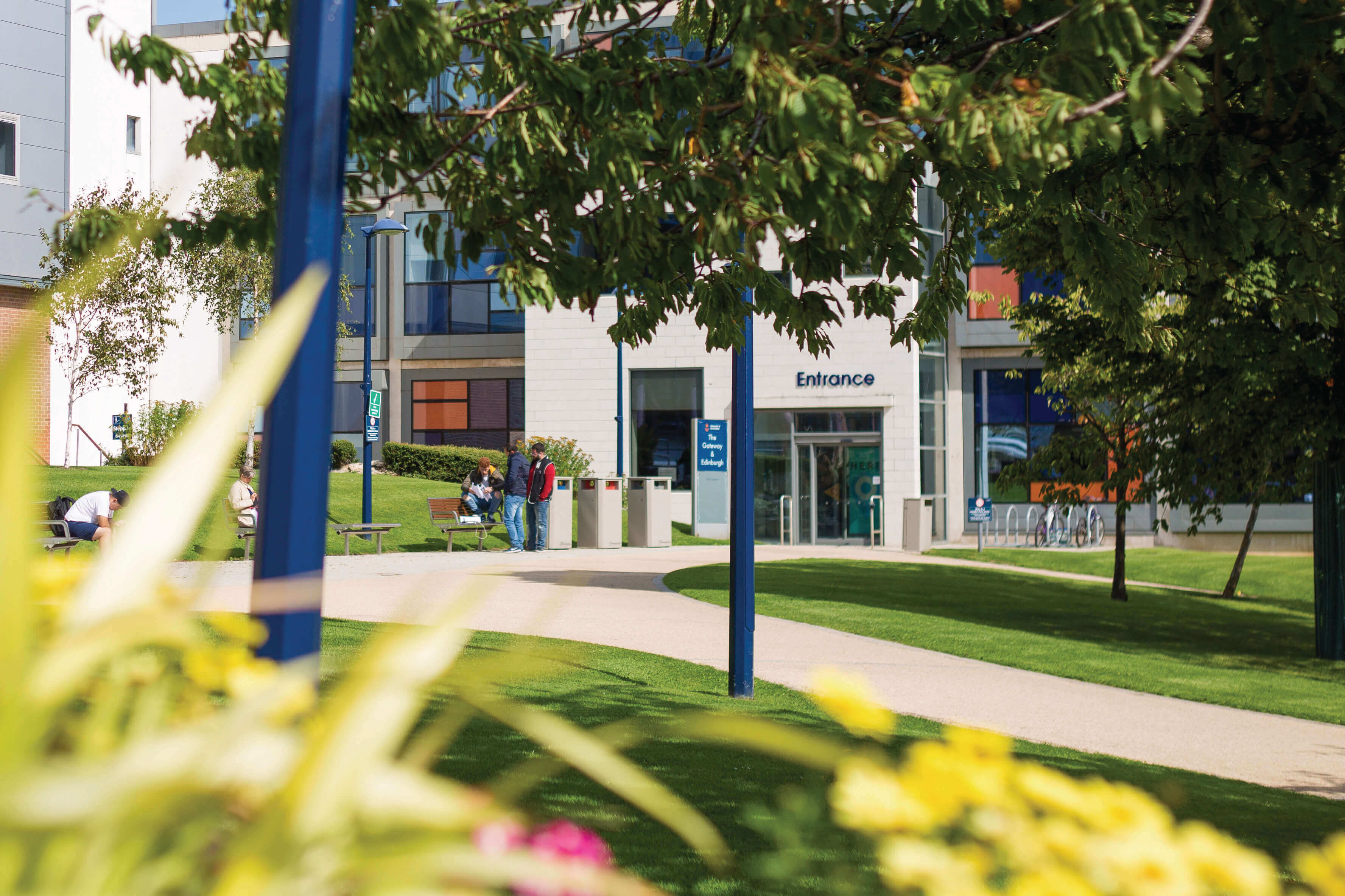 An image of the gateway building through plants and trees
